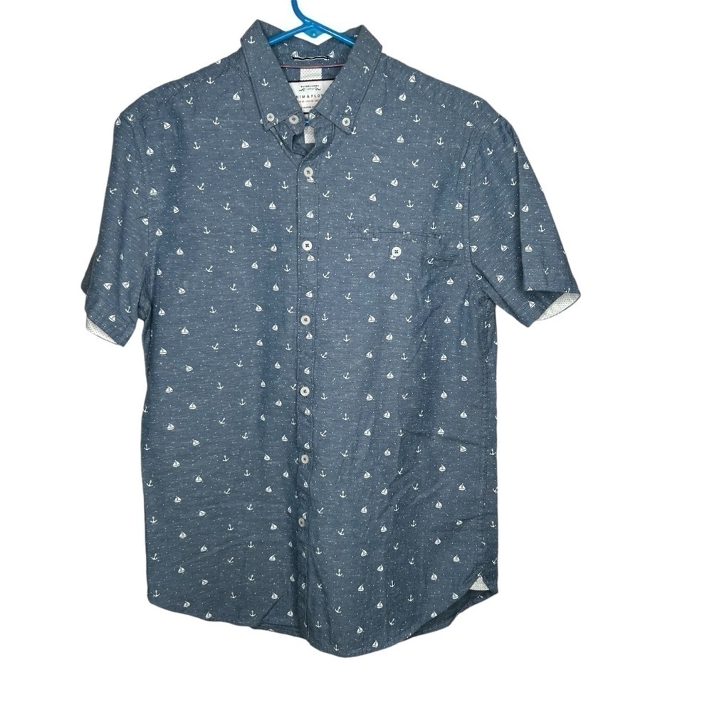 Denim & Flower Men’s Anchor Button Down Shirt Size Medium Blue S/S Slim Fit